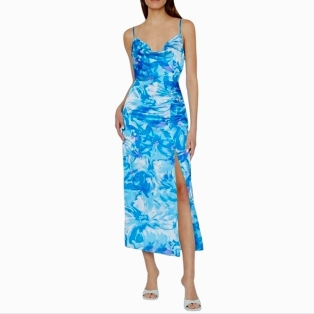 MILLY LILLIANA BRUSHSTROKE FLORAL RUCHED MIDI DRESS‎ BLUE 2